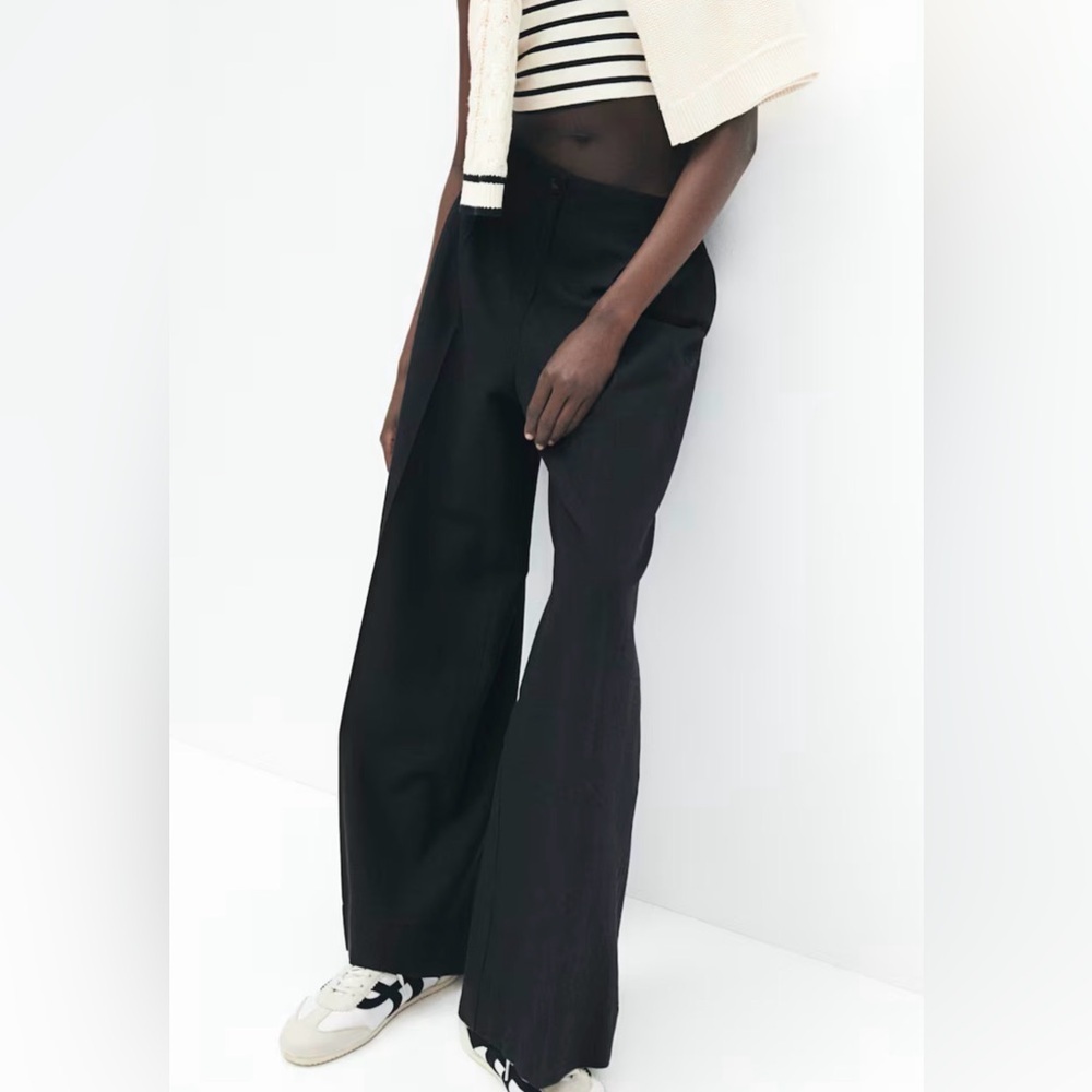 H&M WIDE-LEG LINEN-BLEND PANTS BLACK SIZE 38